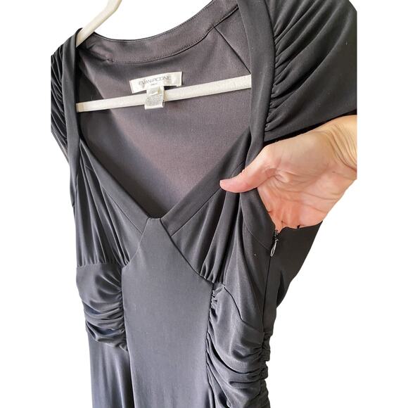 Evan Piccone Dress Womens Size 10 Black Ruched Sweetheart Neck Fit & Flare Midi - Picture 3 of 8